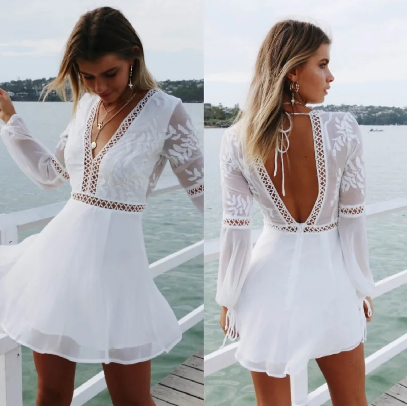 Lace V-neck Long Sleeves Patchwork Fashion Tee-length Dress Lace Dress Chic