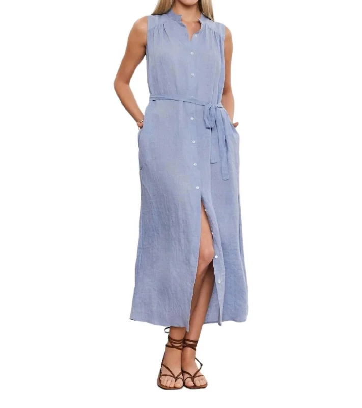 Luna Button Down Tank Dress In Blue Haze Casual Tank Dress Look